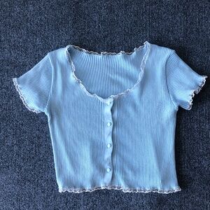 Light Blue Ribbed Crop Top with Lace Trim